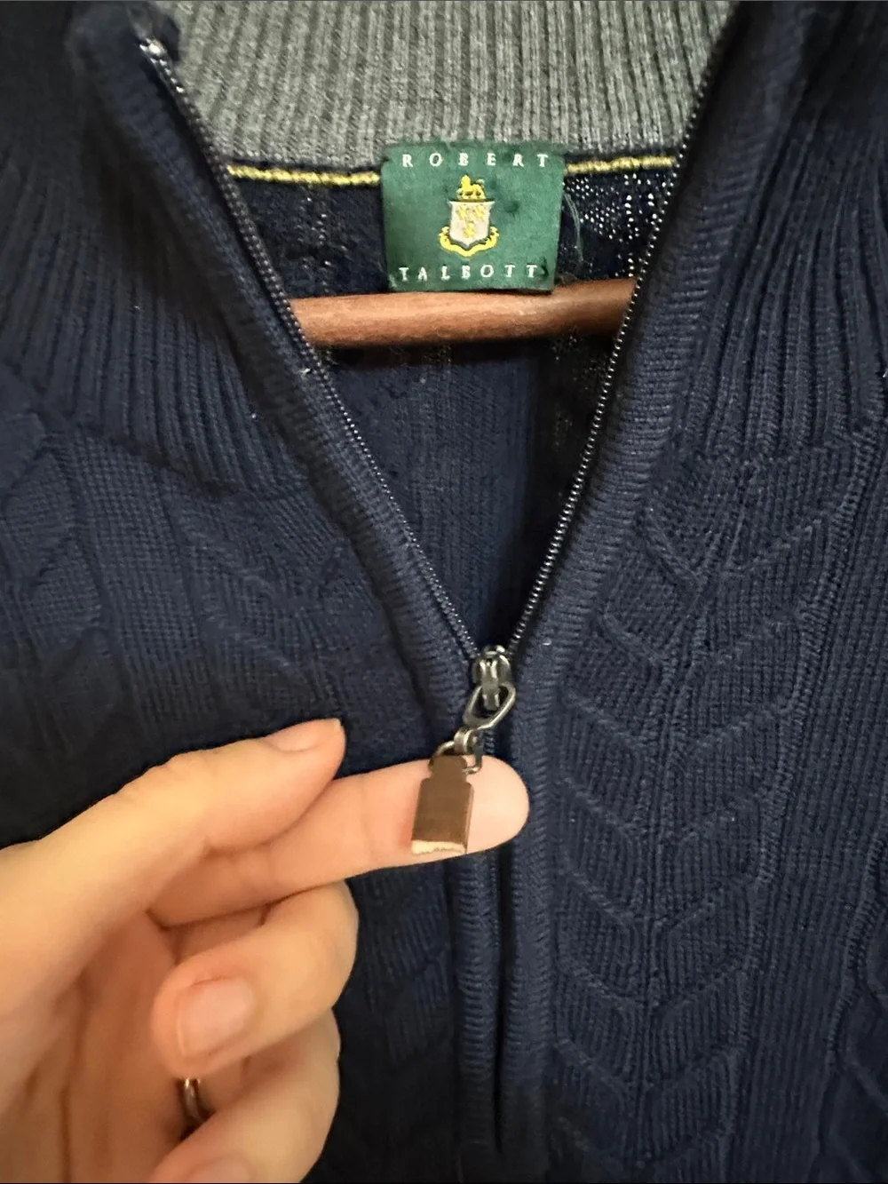 Robert Talbott XXL Merino Wool Cable Knit Quarter Zip Sweater Navy